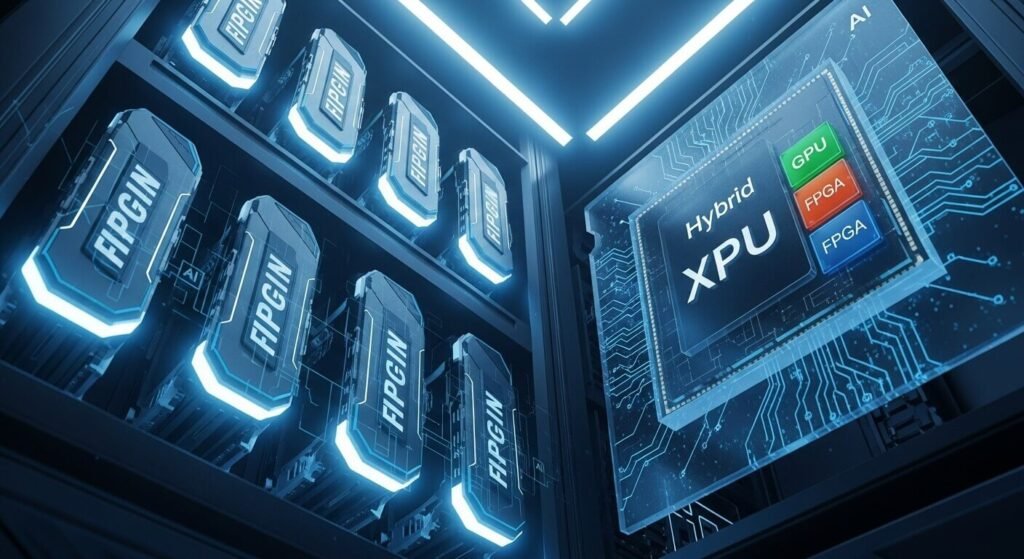 a sleek data centre rack with glowing fpga accelerator cards