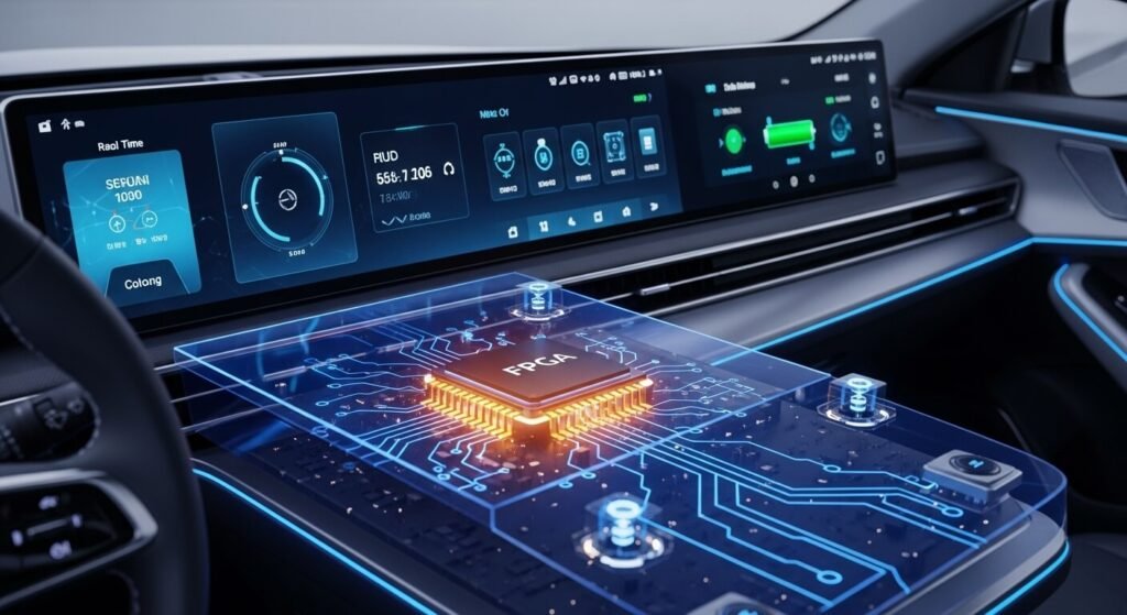 Futuristic electric car dashboard with multiple high-definition displays, FPGA microchip glowing inside circuit board, data lines flowing to car sensors, AI lighting, modern automotive interior, ultra-realistic 8K, cinematic angle, technology theme