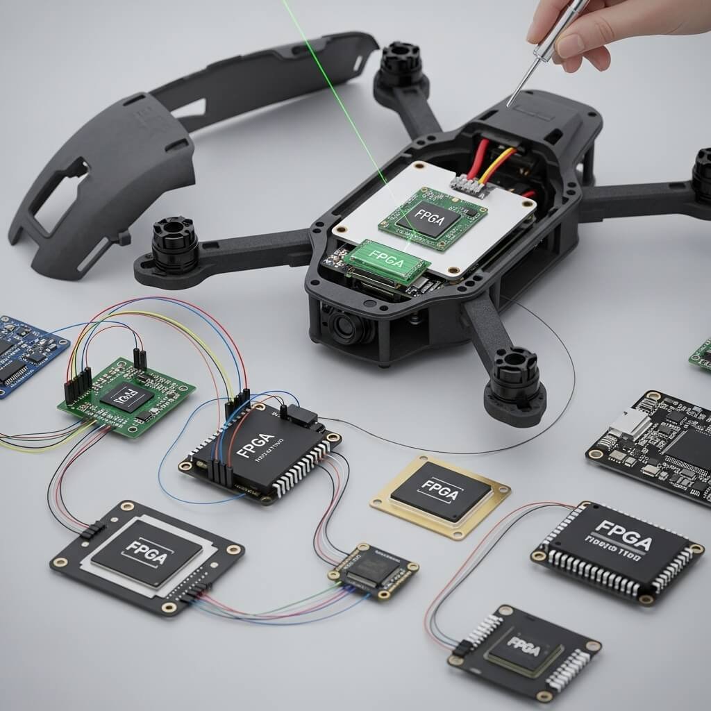 fpga based drone technology pointing technology used on table showing chips used in drone
